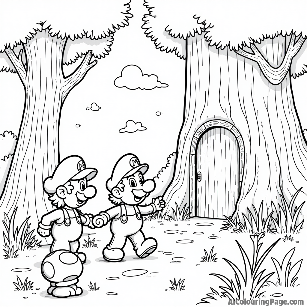 A magical forest scene with Mario, Luigi, and Toad discovering a hidden fairy door.