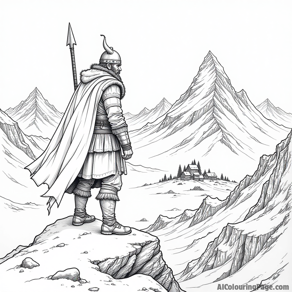 A Viking warrior standing on a snowy mountain peak, with a fierce bear by his side and a distant village below, showcasing the adventurous spirit of Viking exploration.