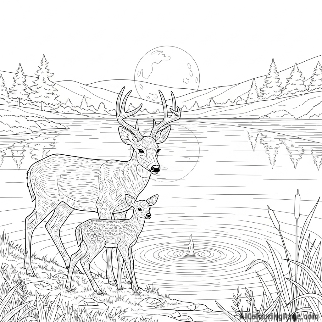 A doe and fawn at the edge of a serene, moonlit lake.