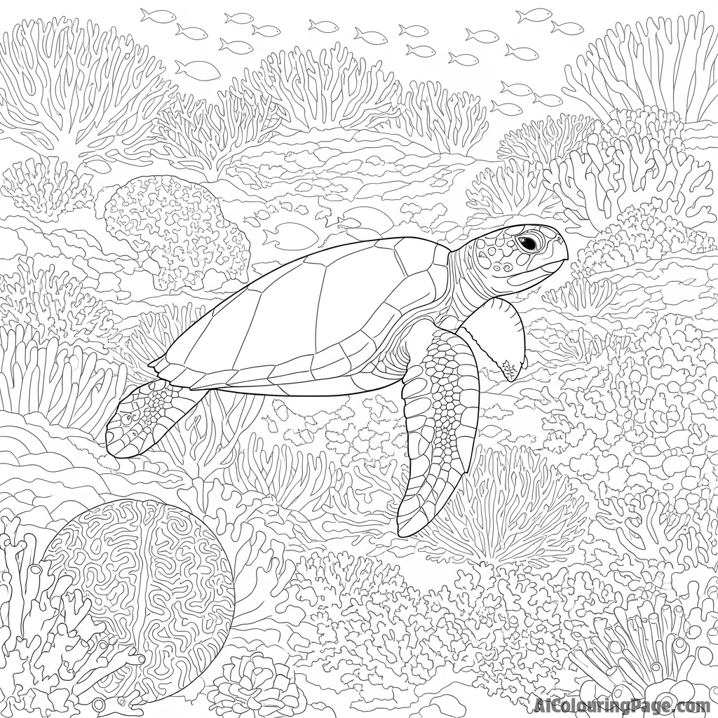 A turtle gracefully navigating a complex and dense coral reef.