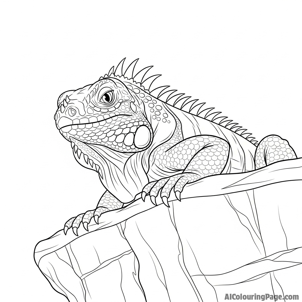 A low-angle shot of an iguana on a rock ledge, looking down imperiously.