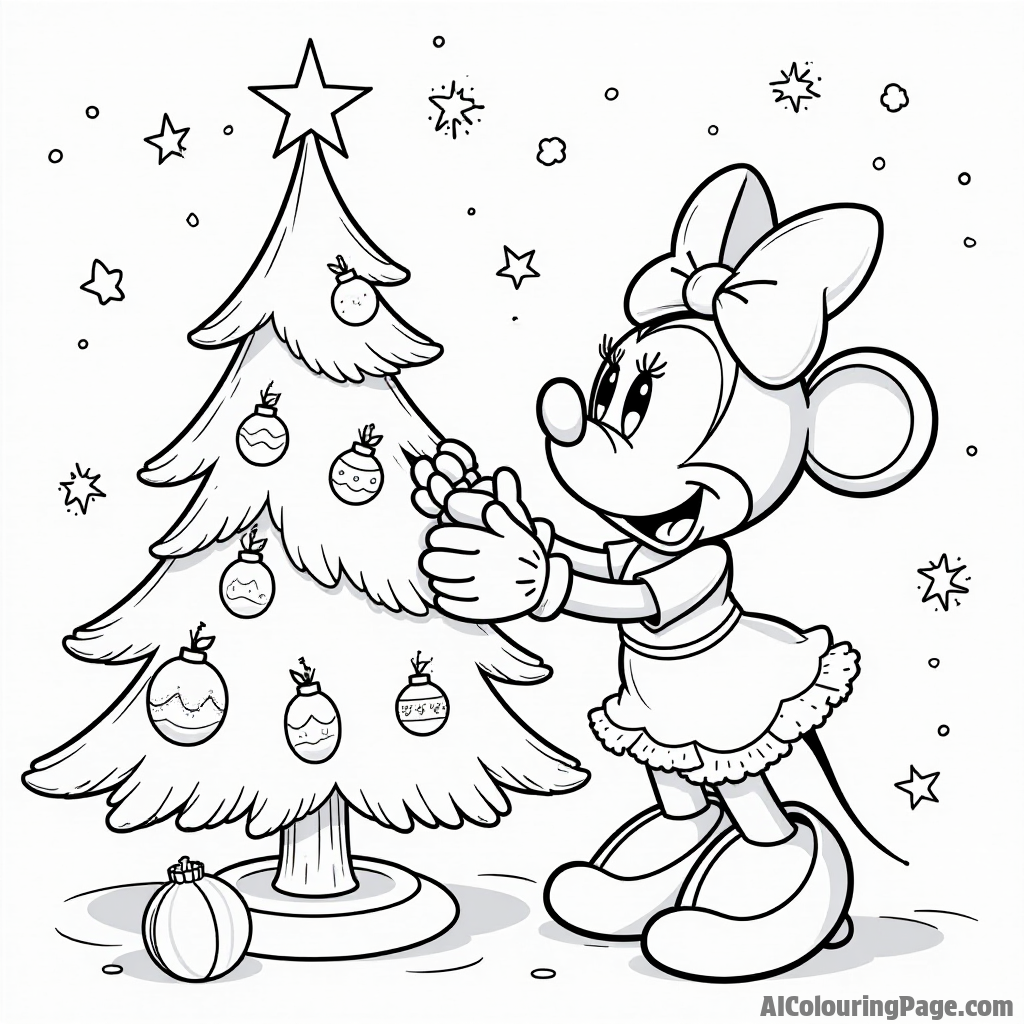 Minnie Mouse decorating a Christmas tree, with ornaments and twinkling lights, while snowflakes fall outside.