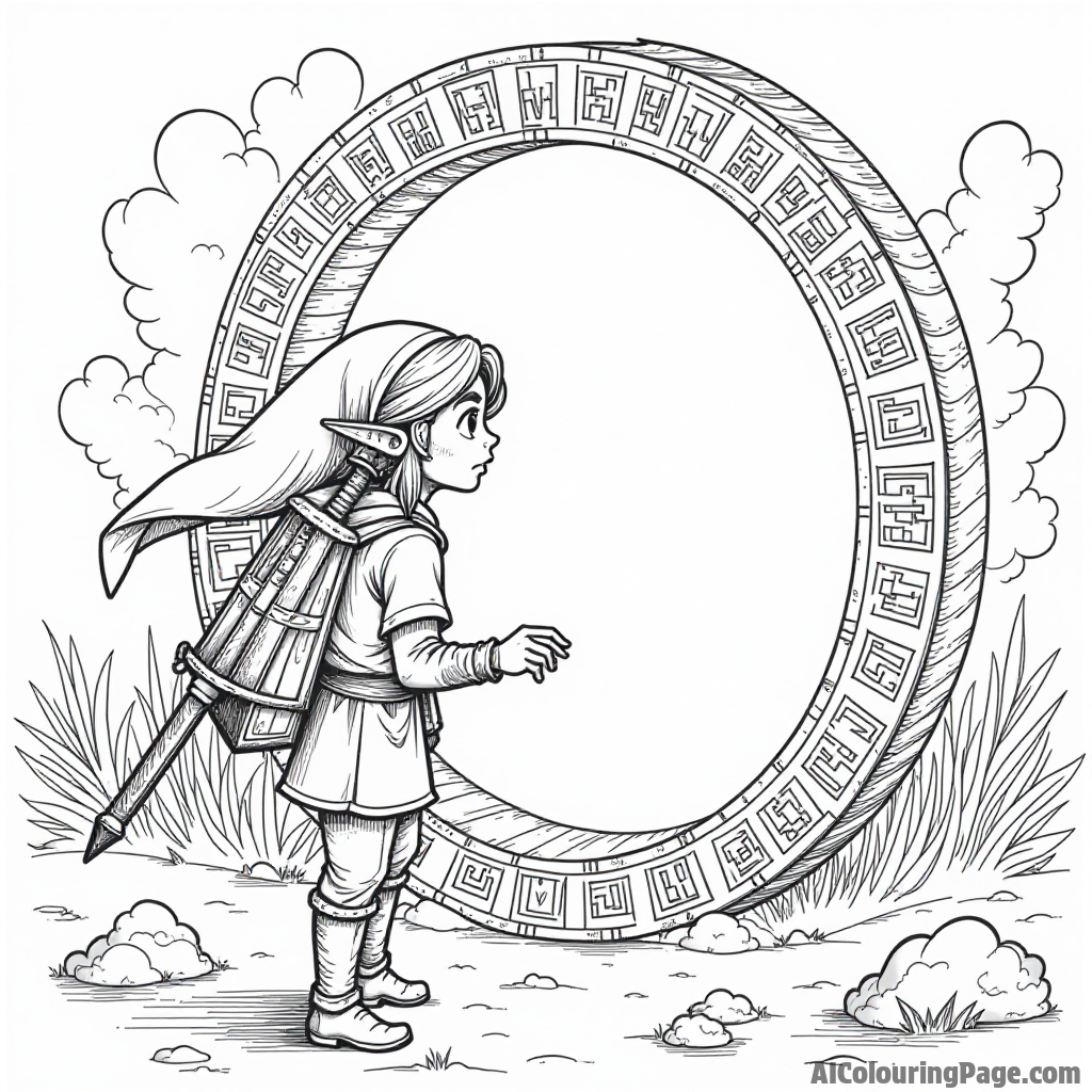 Link discovering a magical portal surrounded by ancient runes, glowing light, and a curious expression on his face