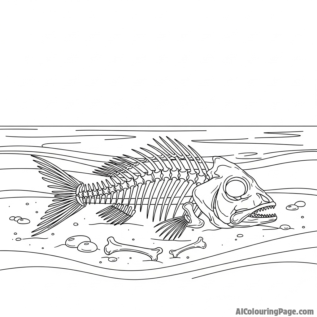 The skeletal remains of a fish on a deserted, sandy beach.