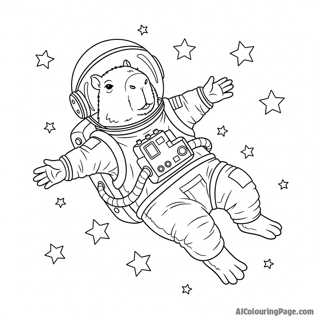 A capybara astronaut floating weightlessly among stars.