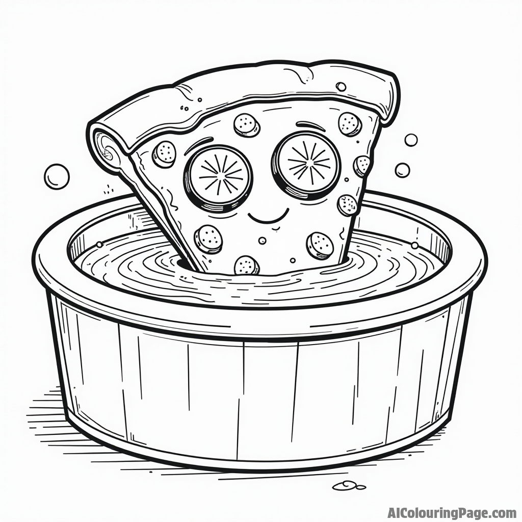 A pizza slice relaxing in a hot tub filled with cheese, with cucumber slices on its eyes, enjoying a spa day.