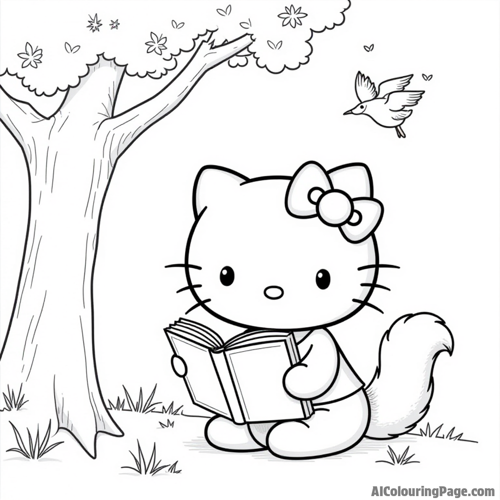 Hello Kitty reading a book under a tree with a curious squirrel peeking from behind and birds singing above