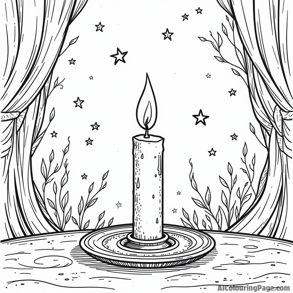 A magical candle that lights up a dark room filled with enchanting symbols and friendly spirits floating in the air