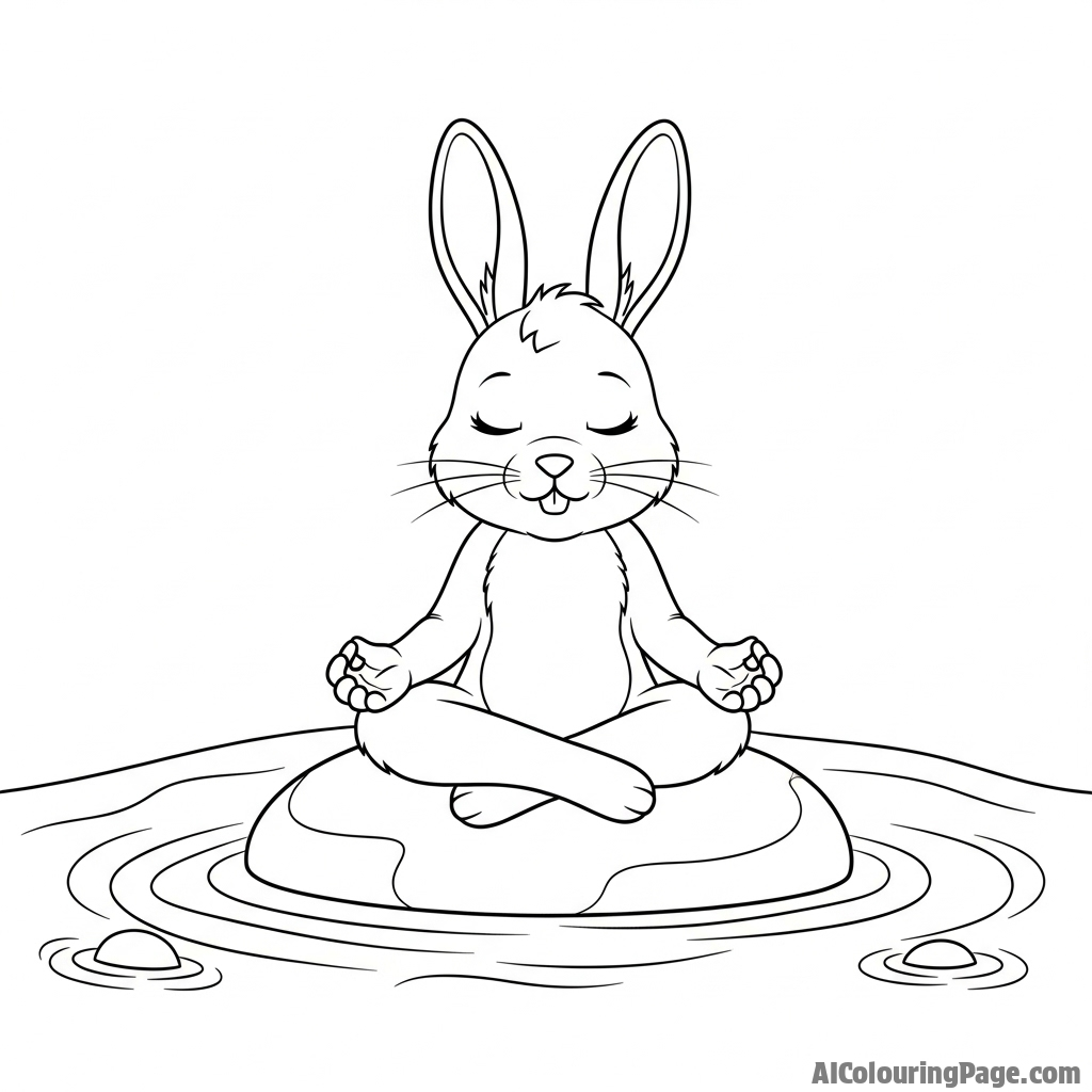 A serene bunny meditating on a flat stone in the middle of a tranquil, babbling stream.