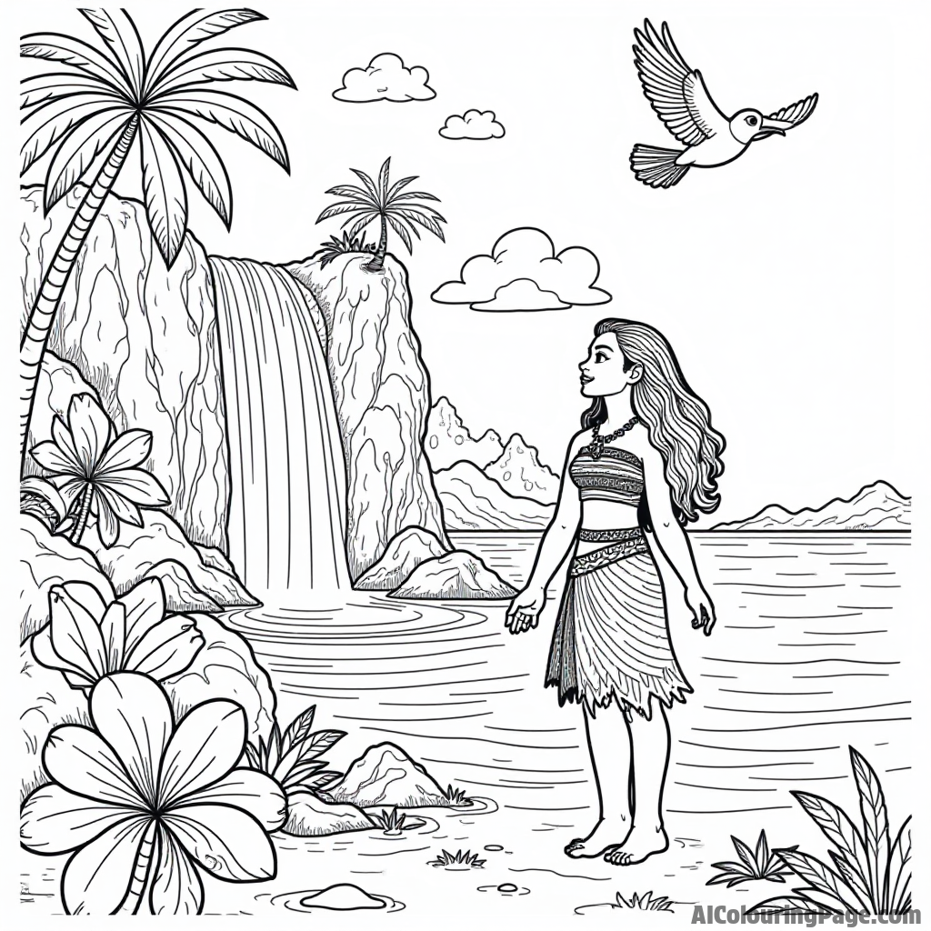 Moana exploring a lush island with a waterfall, tropical flowers, and exotic birds flying overhead.