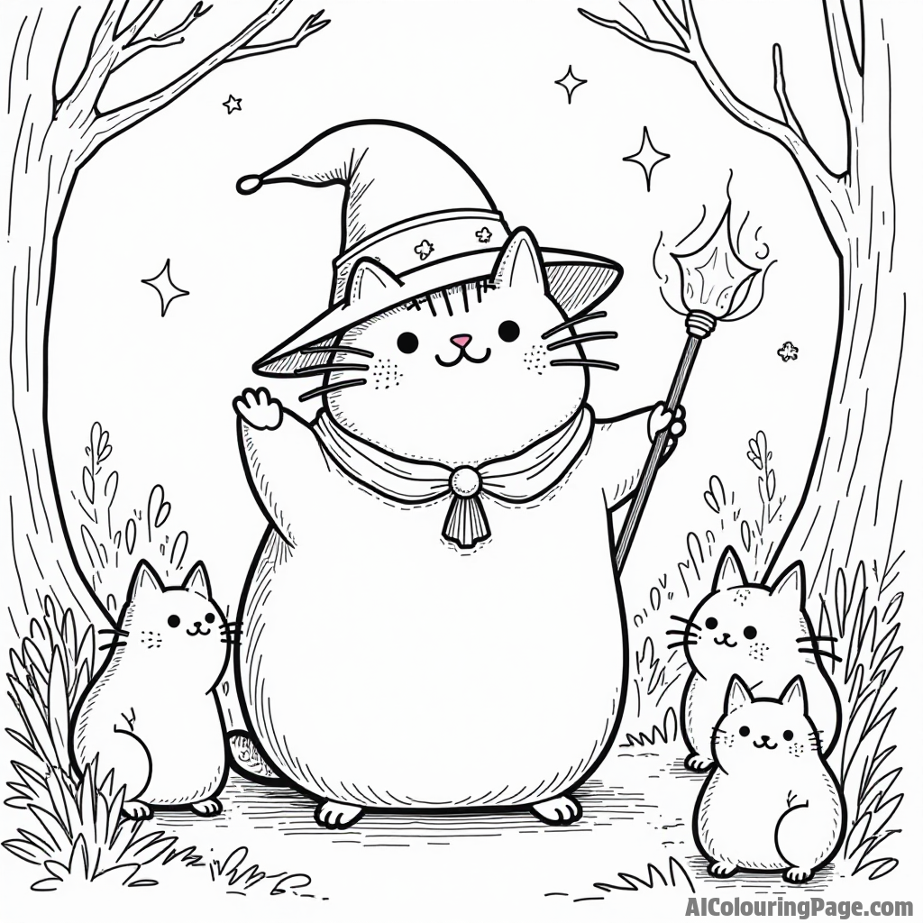 Pusheen as a wizard casting spells with a wand surrounded by magical creatures in a whimsical enchanted setting