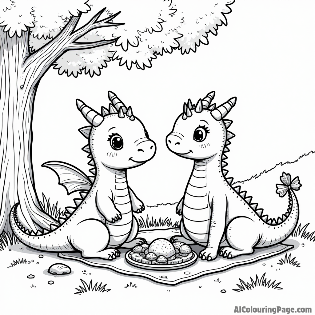 A dragon and a giant caterpillar enjoying a picnic together under a shady tree in a colorful park.