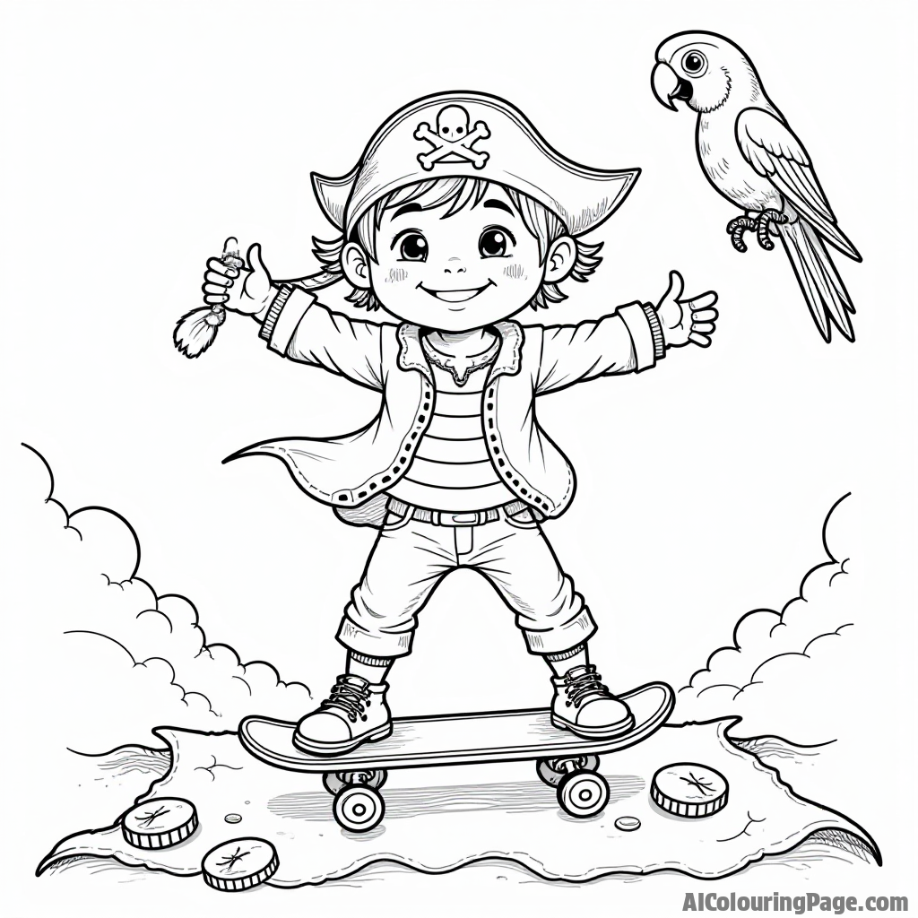 A child dressed as a pirate skateboarding on a treasure map, with gold coins and a parrot flying overhead, designed to inspire adventurous coloring activities for kids.