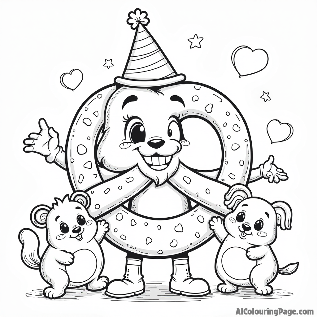 A playful illustration of a giant pretzel character wearing a party hat, surrounded by cheerful cartoon animals celebrating Oktoberfest, perfect for kids to color in their own style.