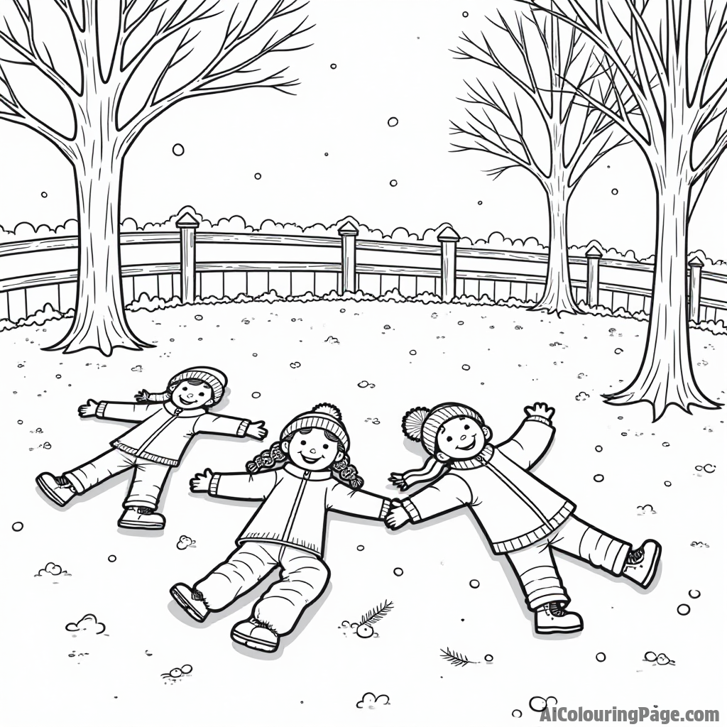 A group of children making snow angels in a snowy park, surrounded by trees and a fence with winter decorations.