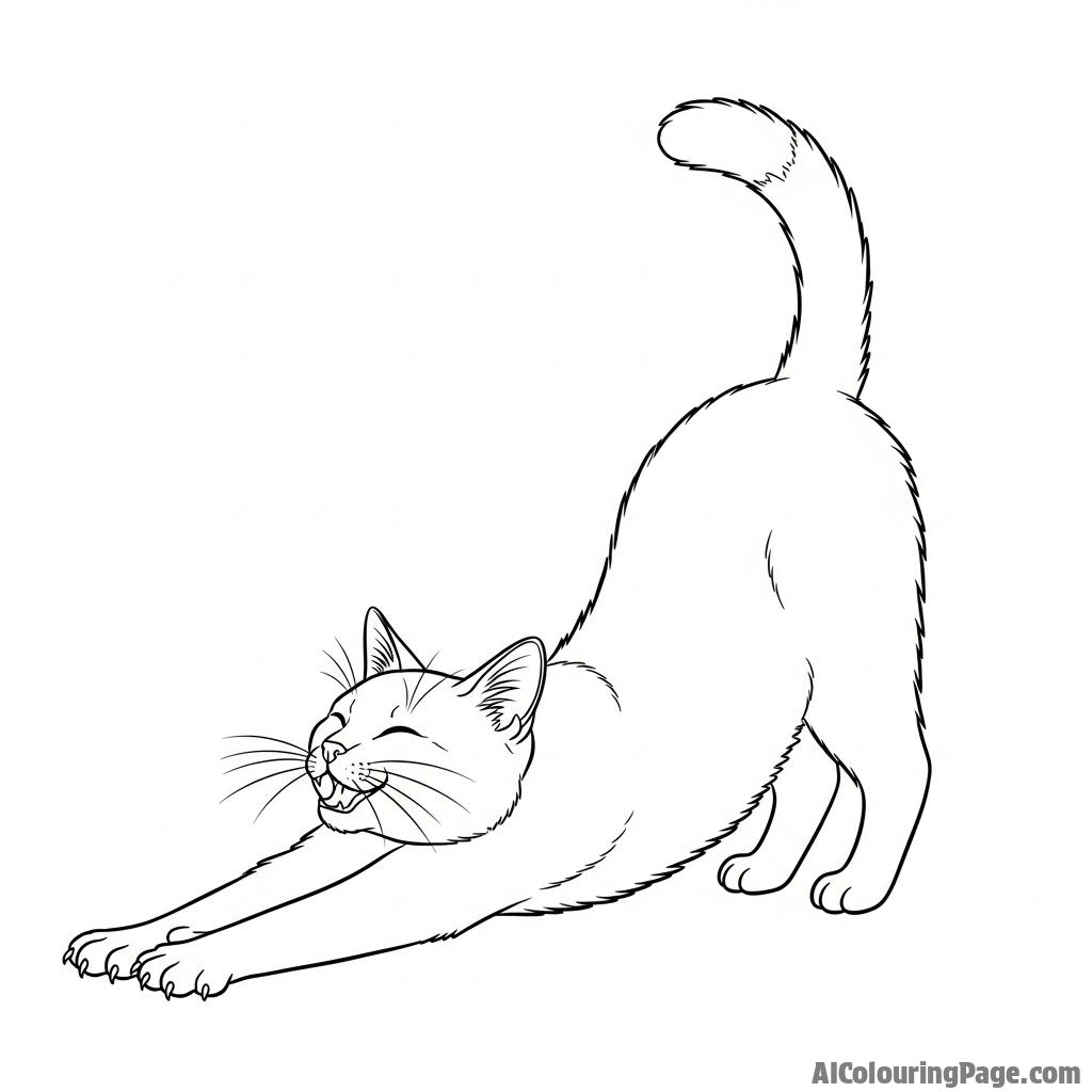 A cat stretching luxuriously, its back arched in a perfect curve.