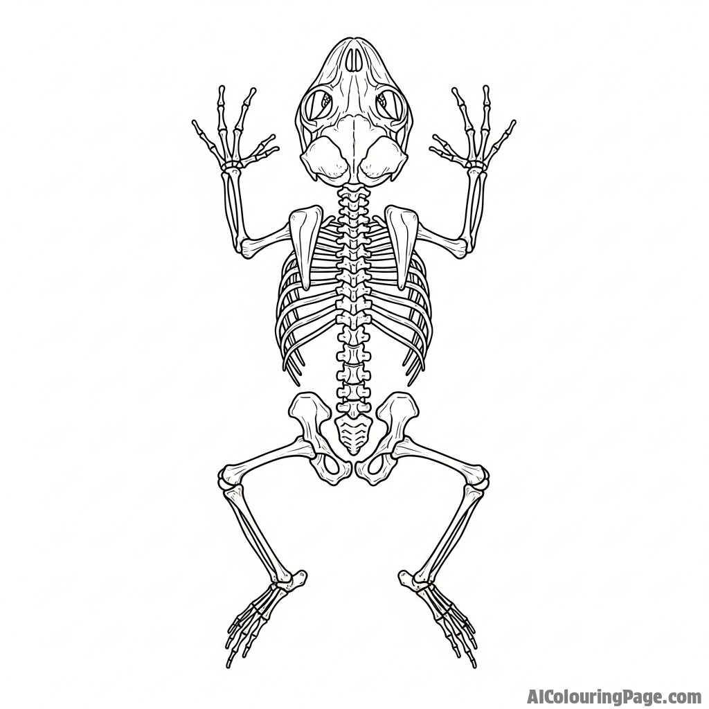 A frog's skeleton, scientifically accurate, displayed in a museum setting.