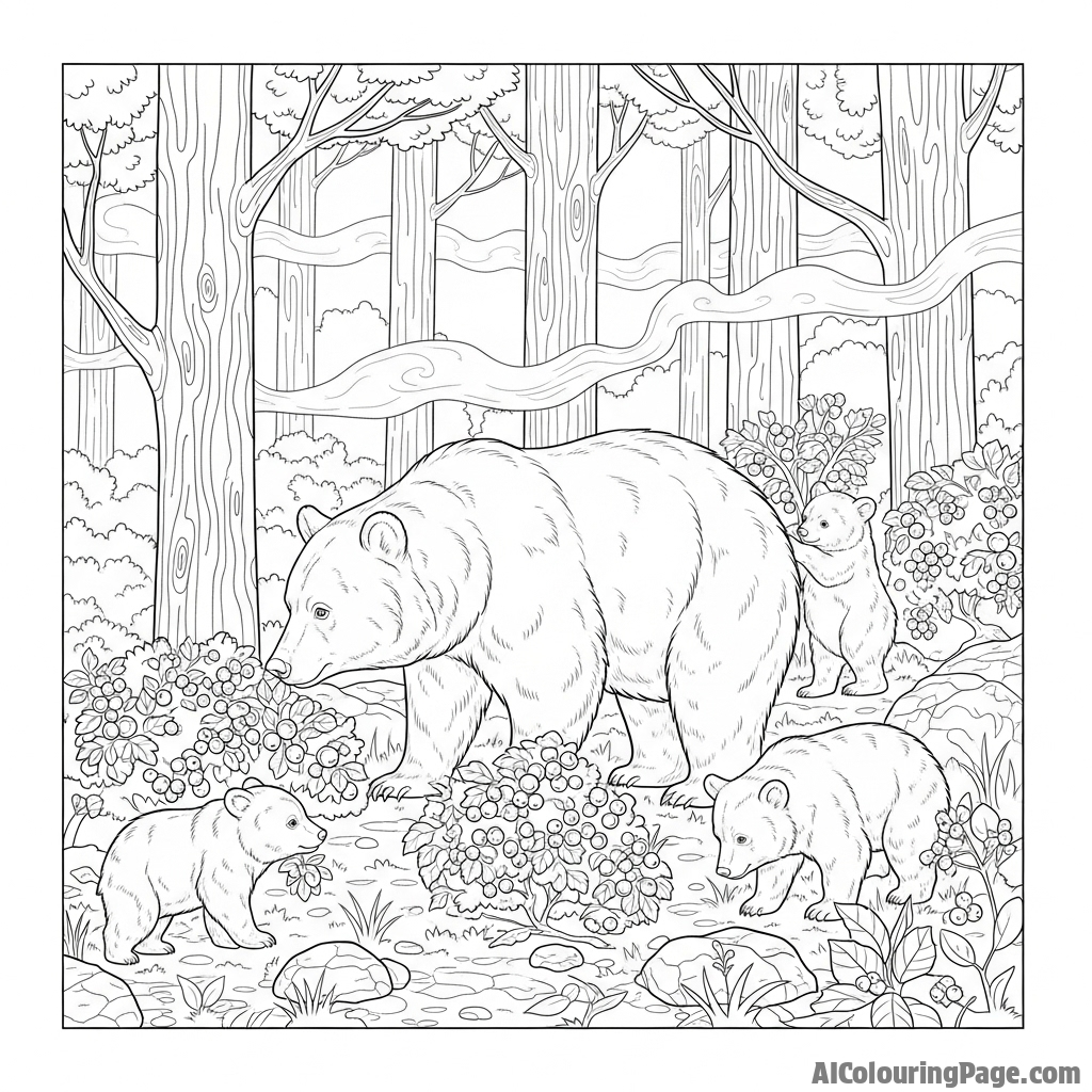 A family of bears foraging for berries in a dense, misty forest.