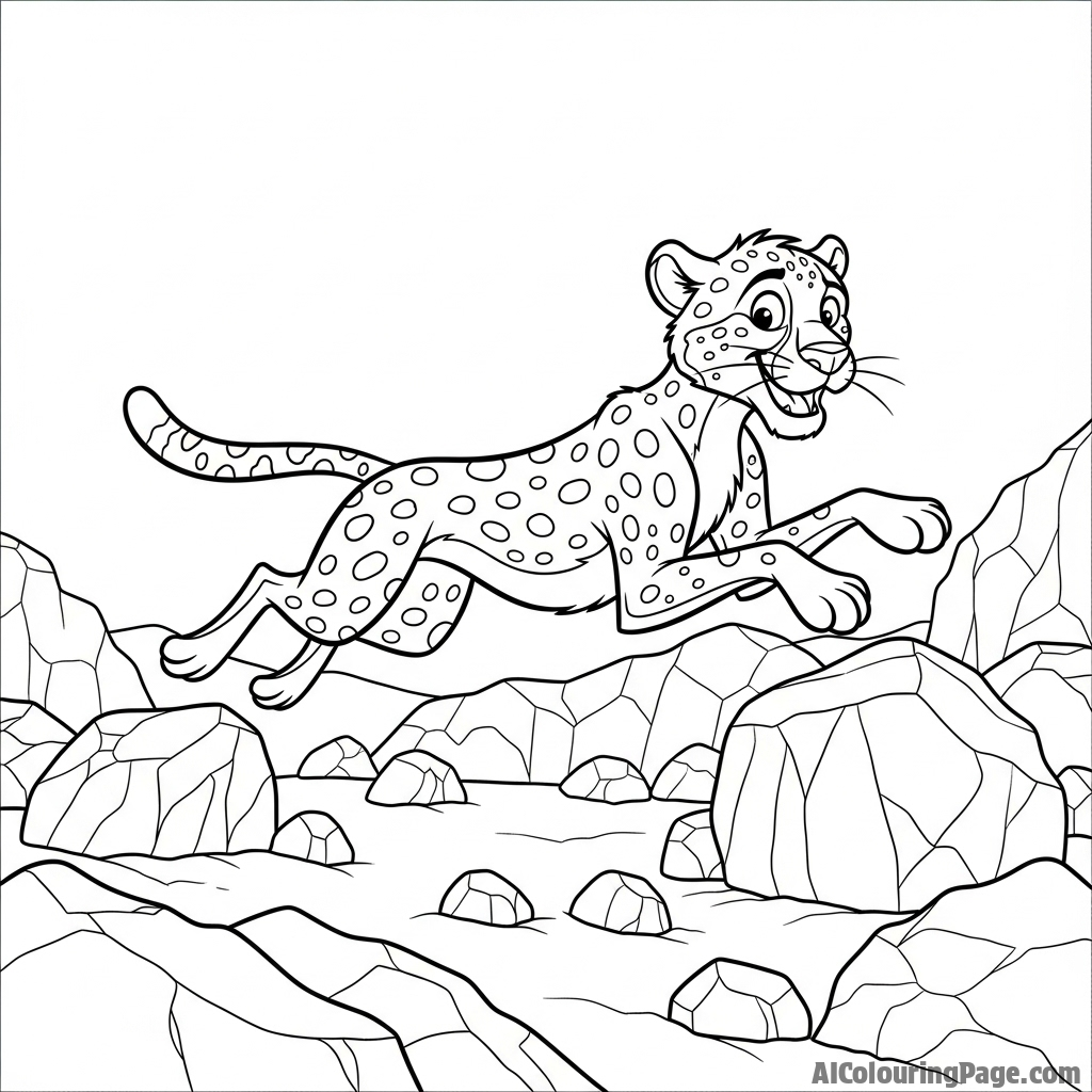 A cheetah expertly navigating a rugged field of scattered boulders.