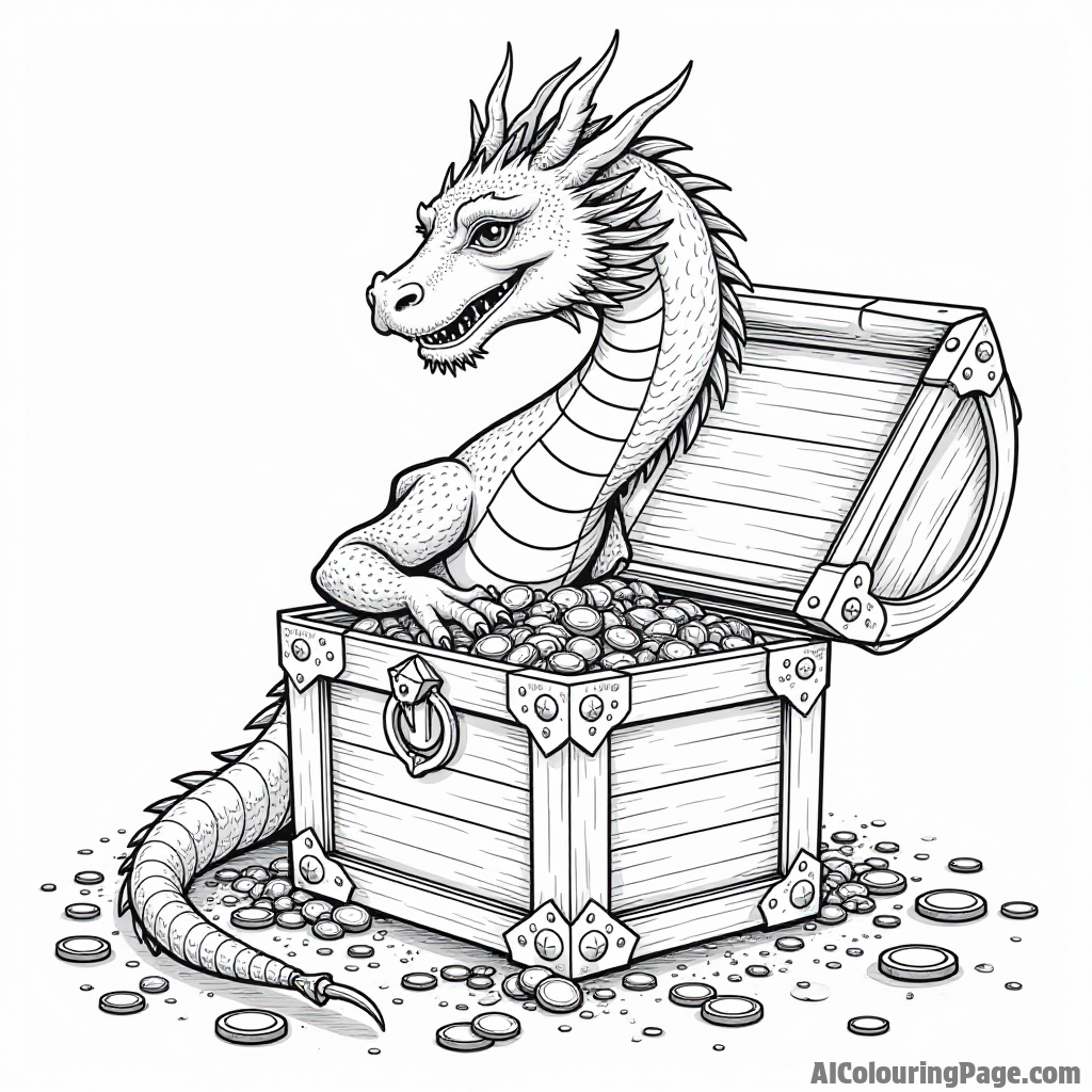 A dragon curled around a treasure chest with gemstones and gold coins spilling out onto the ground.