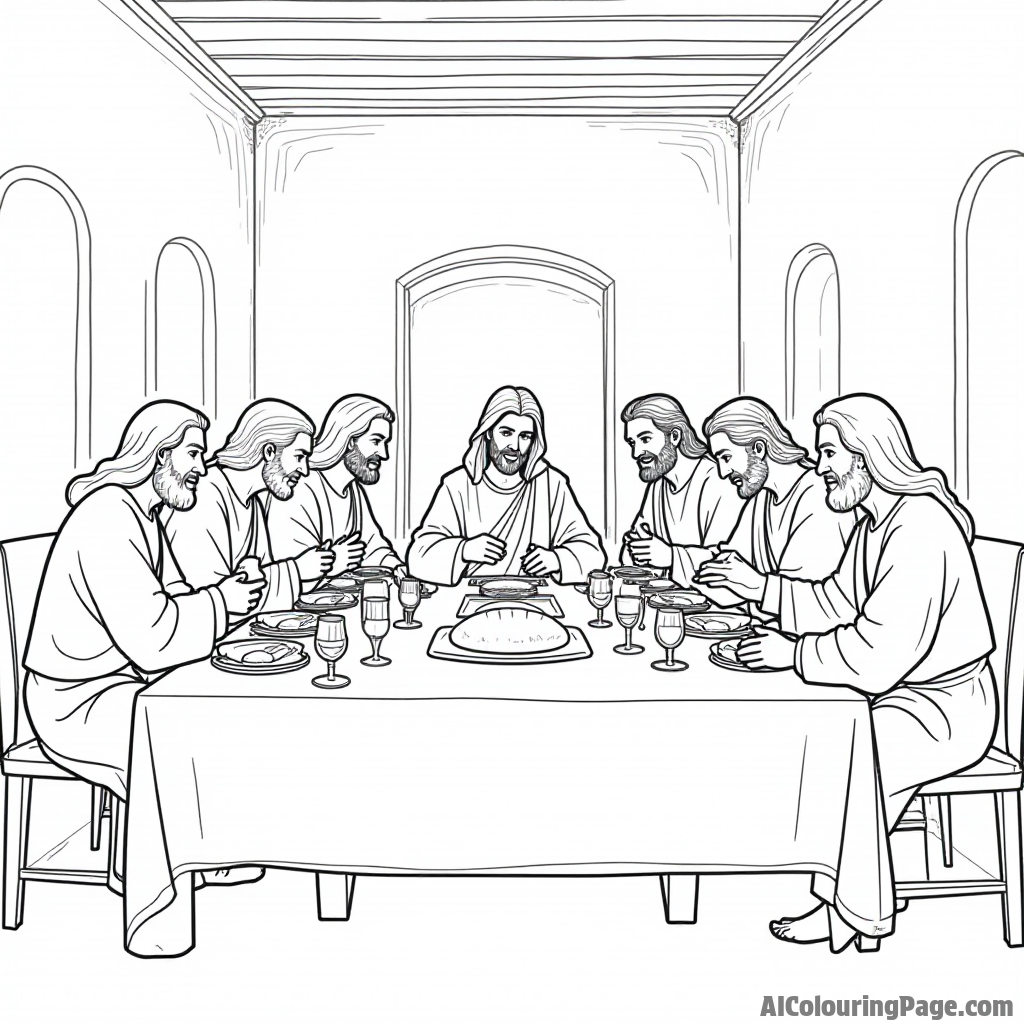 A vibrant scene of the Last Supper, with Jesus and his disciples sitting at a long table, sharing bread and wine.