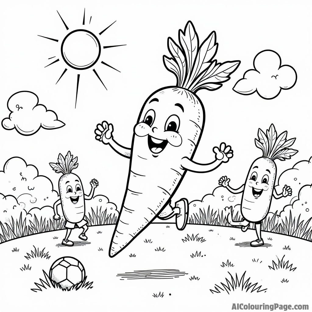 A joyful carrot playing soccer with other vegetable characters on a green field, with a bright sun and fluffy clouds above.