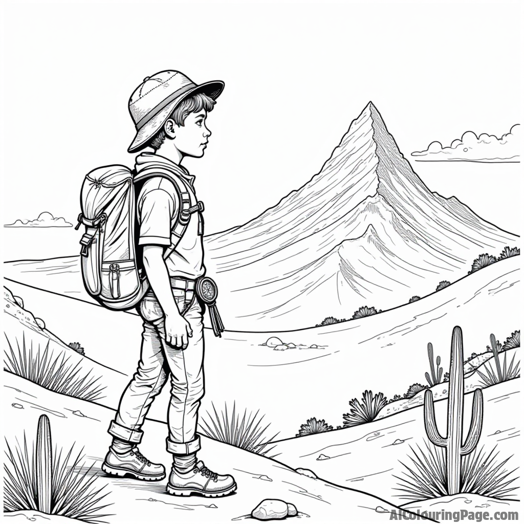 A young adventurer with a compass in hand, gazing at a distant mountain peak with a few scattered cacti, embodying the spirit of exploration and adventure in a vast desert landscape.