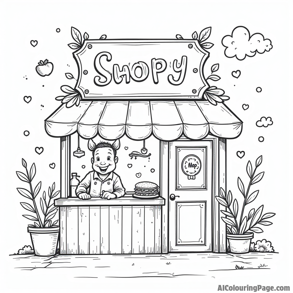 A whimsical sandwich shop with a smiling chef, colorful ingredients floating around, and a large sandwich sign outside.