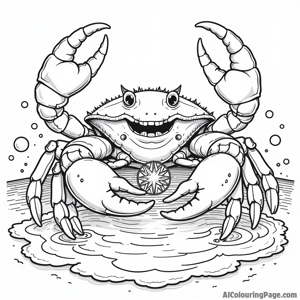 Tamatoa the giant crab holding a sparkling treasure in his claws, with ocean waves crashing on the shore.