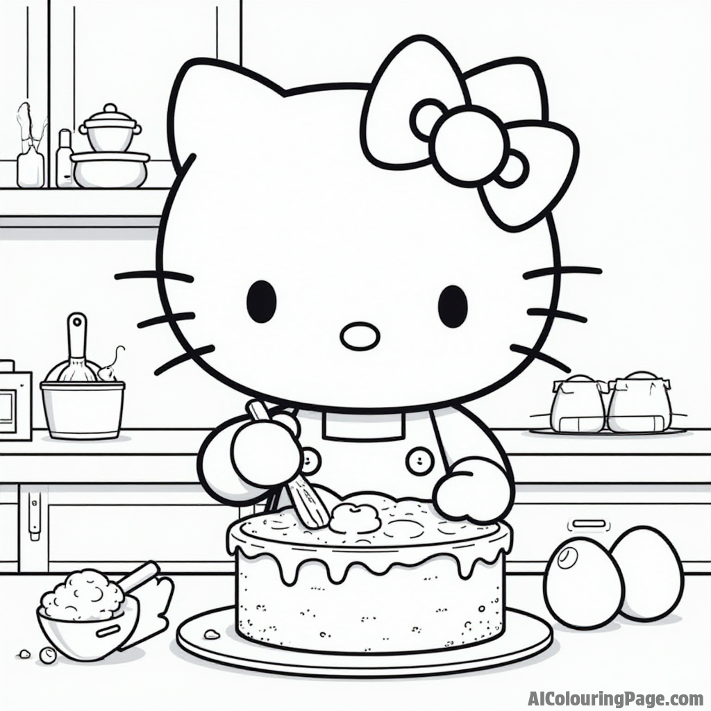 Hello Kitty baking a cake with flour, eggs, and her adorable friend helping in the kitchen