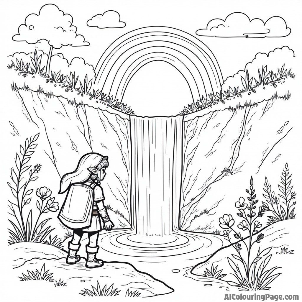 Link discovering a hidden waterfall, with a rainbow arching over, surrounded by lush plants and sparkling water droplets