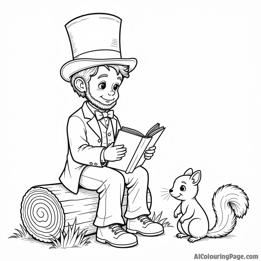 A young child dressed as Abraham Lincoln, sitting on a log with a top hat, reading a book about history while a squirrel curiously watches.