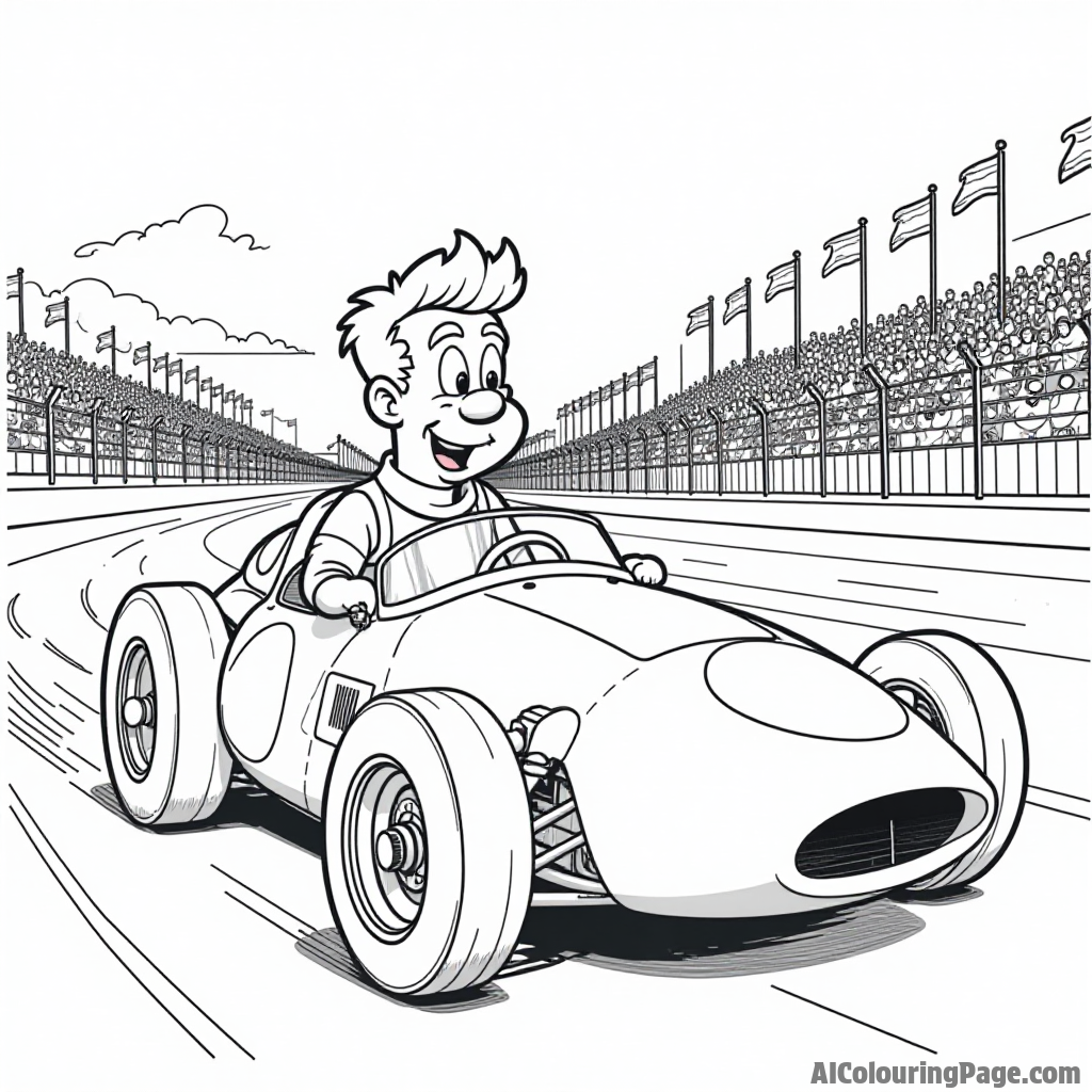 Johnny Bravo in a race car at a racetrack with cheering fans and flags