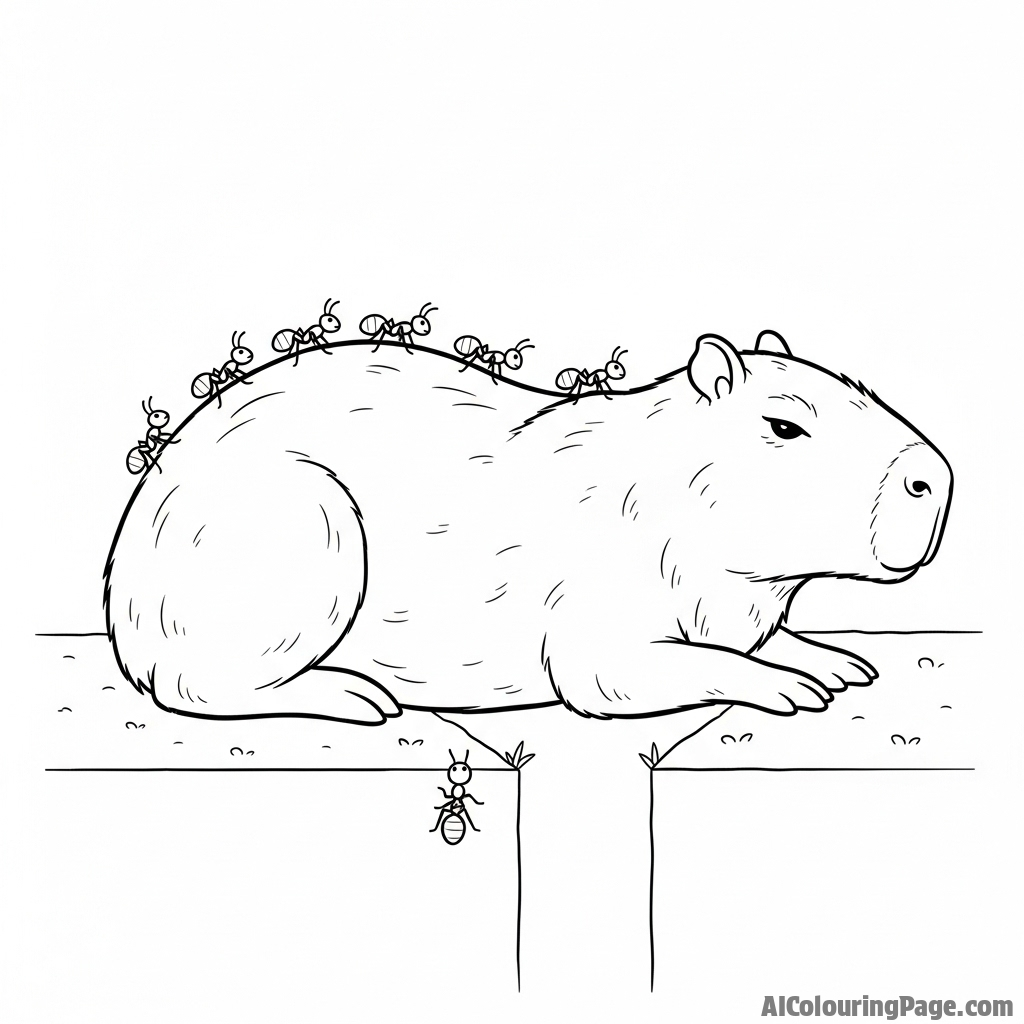 A capybara serving as a living bridge for a line of ants.