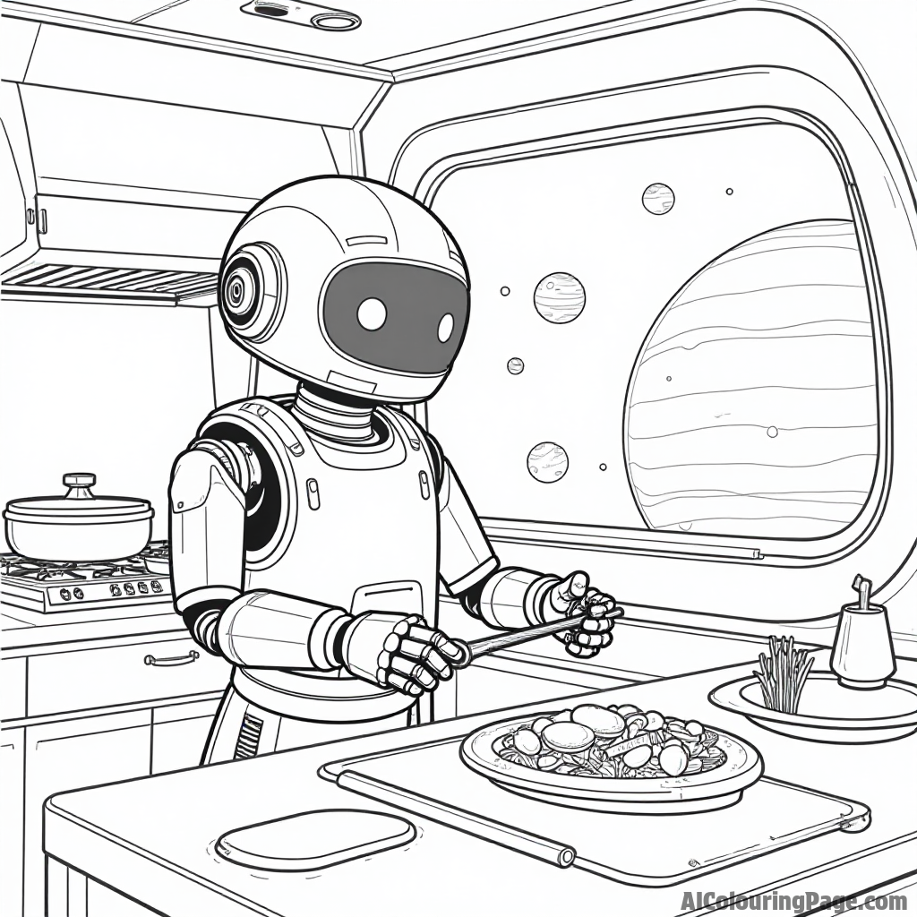 A funny robot cooking in a spaceship kitchen with floating ingredients and a view of planets through the window.