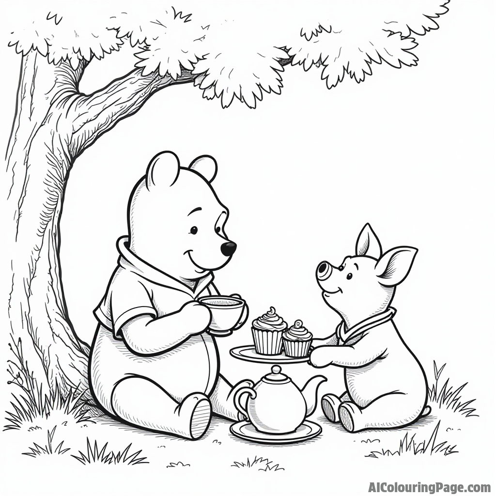 Winnie the Pooh having a tea party with Piglet, surrounded by cupcakes and a teapot, under a shady tree.