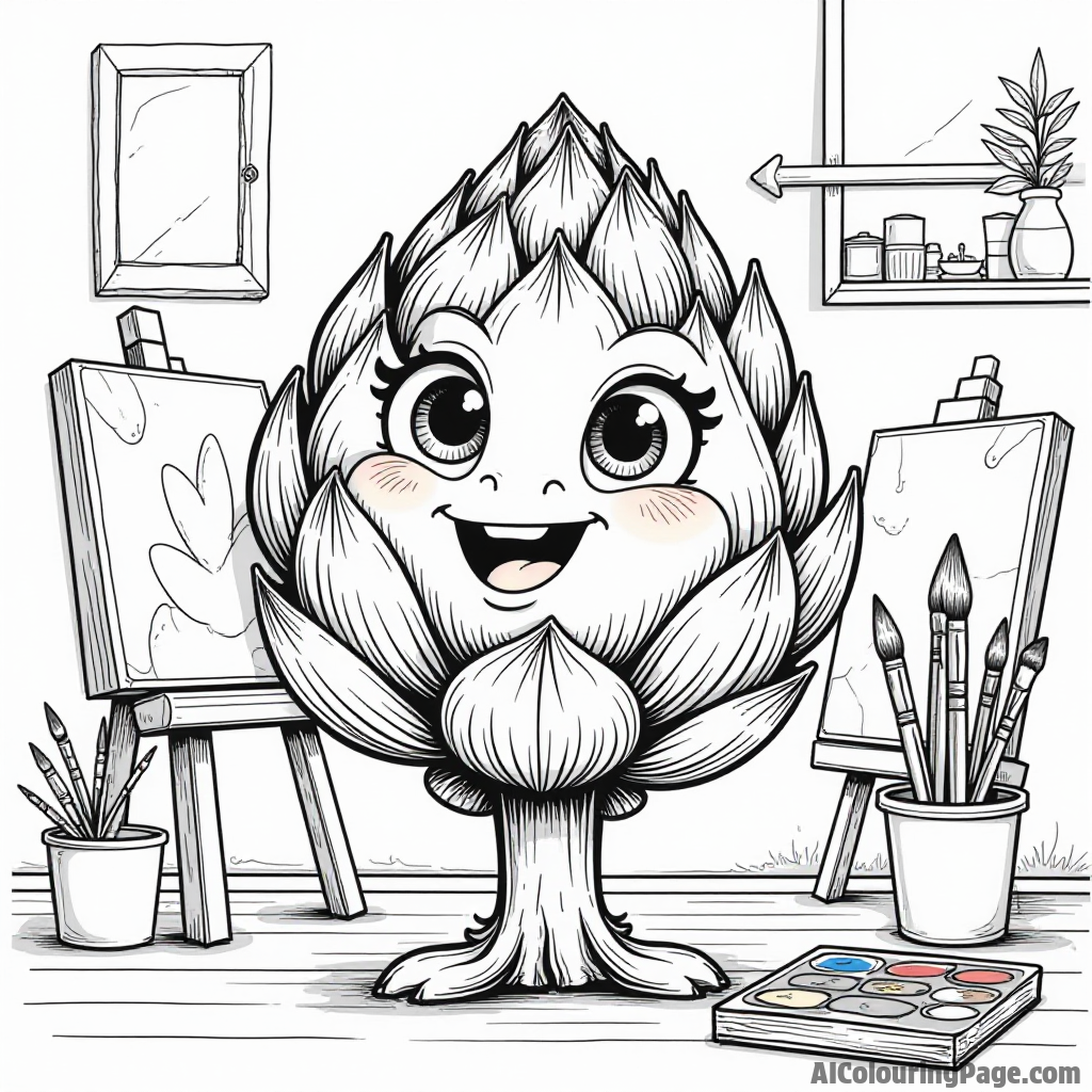 A happy artichoke creating colorful artwork with paintbrushes and canvases in a bright studio.