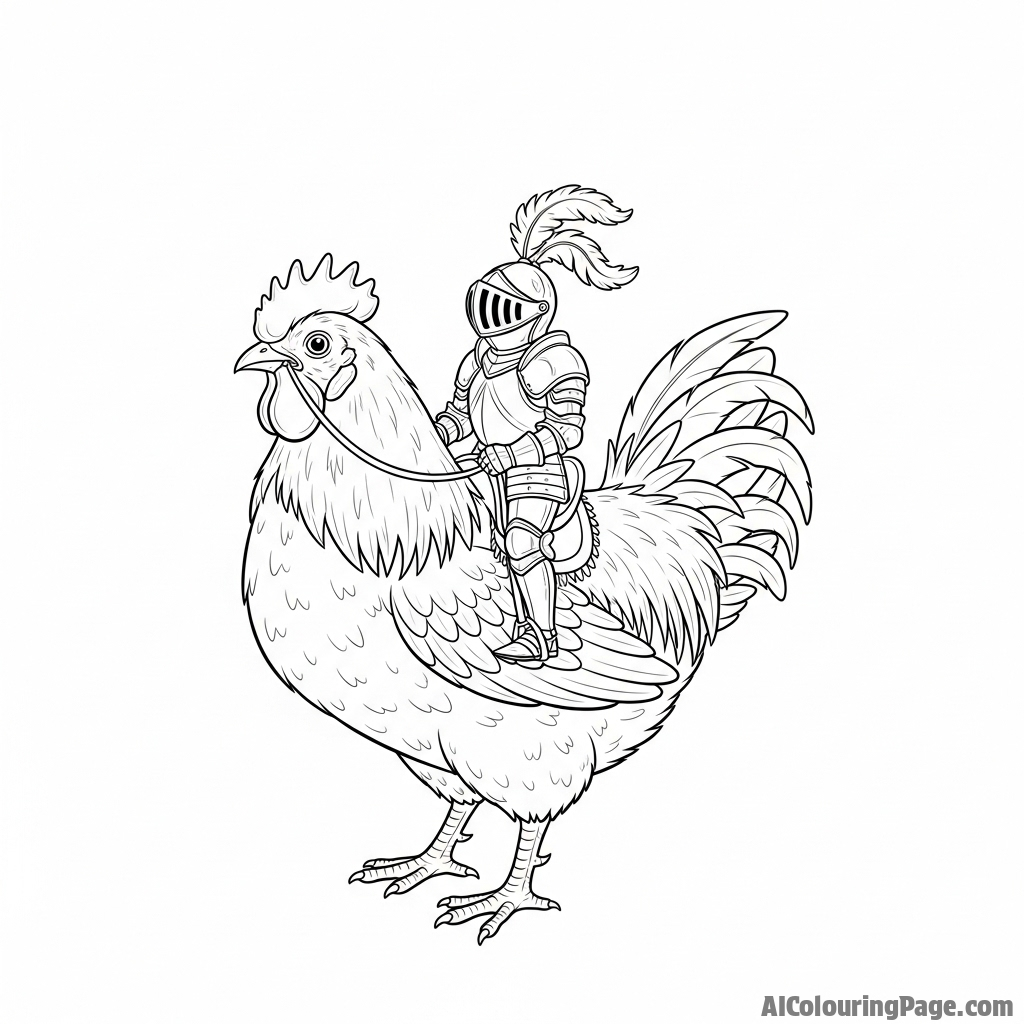 A fantasy scene of a giant chicken being ridden by a tiny knight.