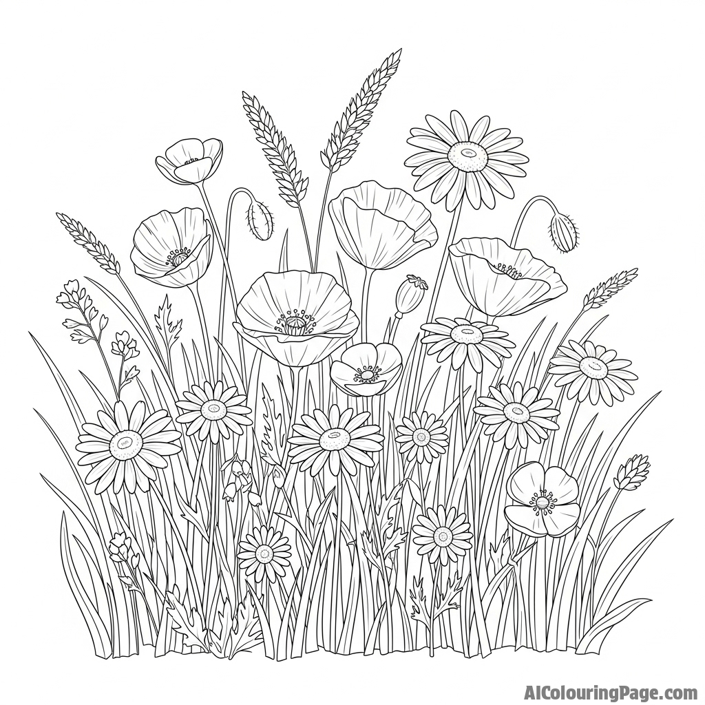 A field of wildflowers blowing in the breeze.