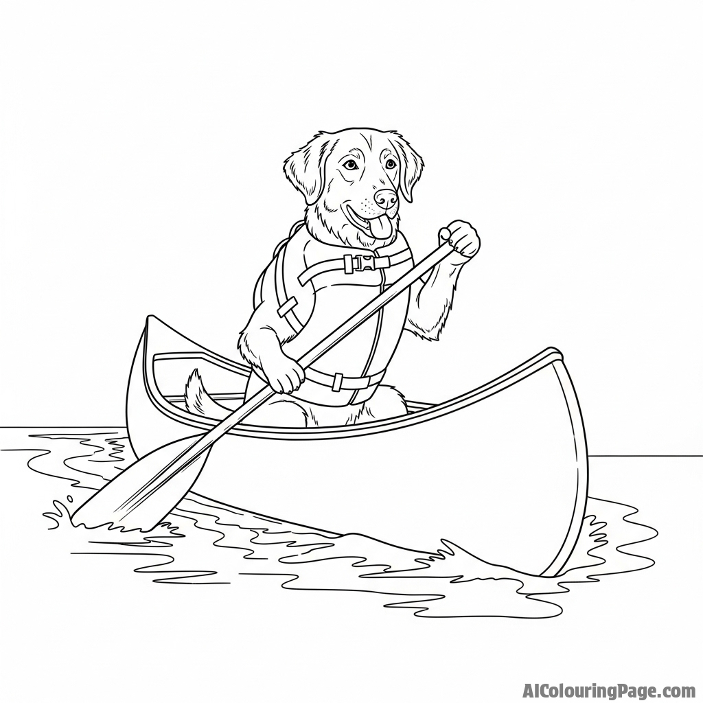 A dog in a life jacket, paddling in a canoe.