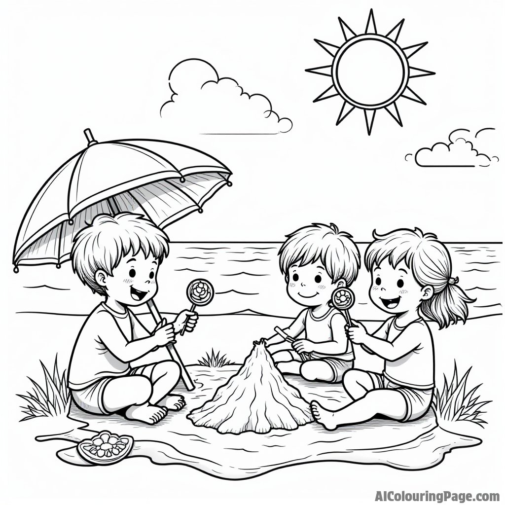 A delightful picnic on the beach, with lollipops, colorful umbrellas, and children building sandcastles under the bright sun