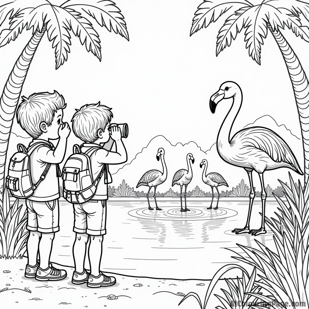 A pair of adventurous kids wearing binoculars, observing a family of flamingos standing elegantly in a jungle pond, inspiring creativity and excitement in a fun coloring safari scene.