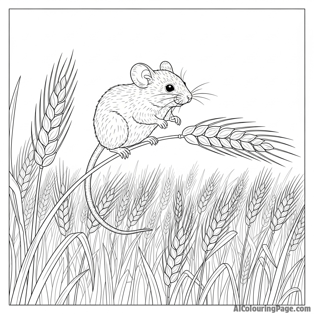 A mouse balancing on a single strand of wheat in a vast field.