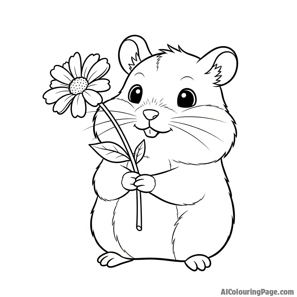 A hamster holding a single, delicate flower stem