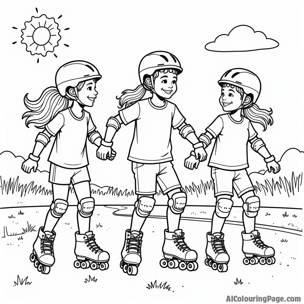 A group of friends roller-skating together, wearing helmets and knee pads, with a sunny sky and a picnic blanket in the background, promoting teamwork and fun in a sports-themed coloring page.