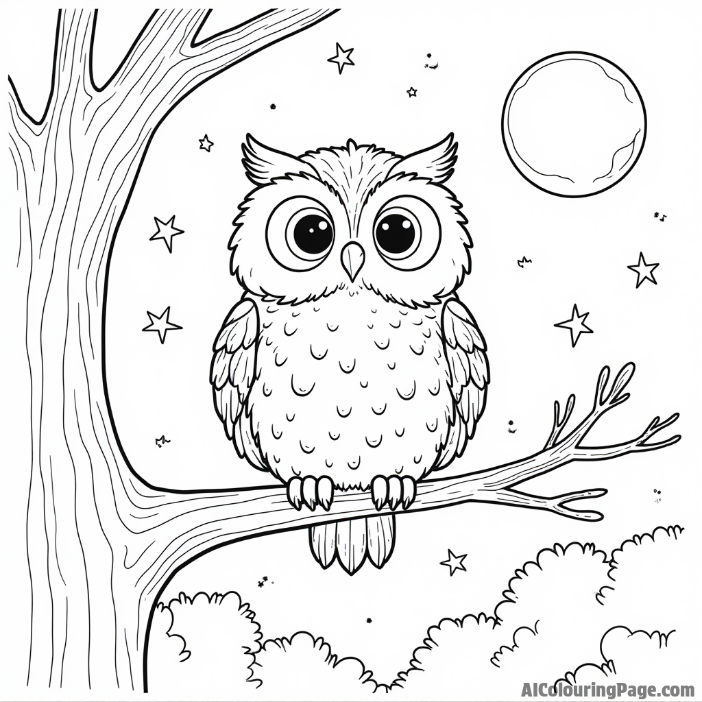 A friendly owl perched on a branch, surrounded by stars, moonlight, and enchanted forest scenery creating a magical atmosphere