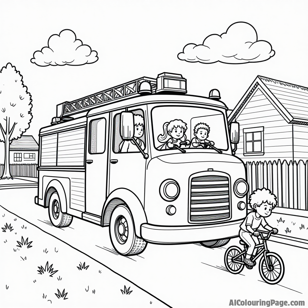 A whimsical fire truck driving through a neighborhood, with children riding bicycles and a dog chasing after it, all in a playful coloring book style.