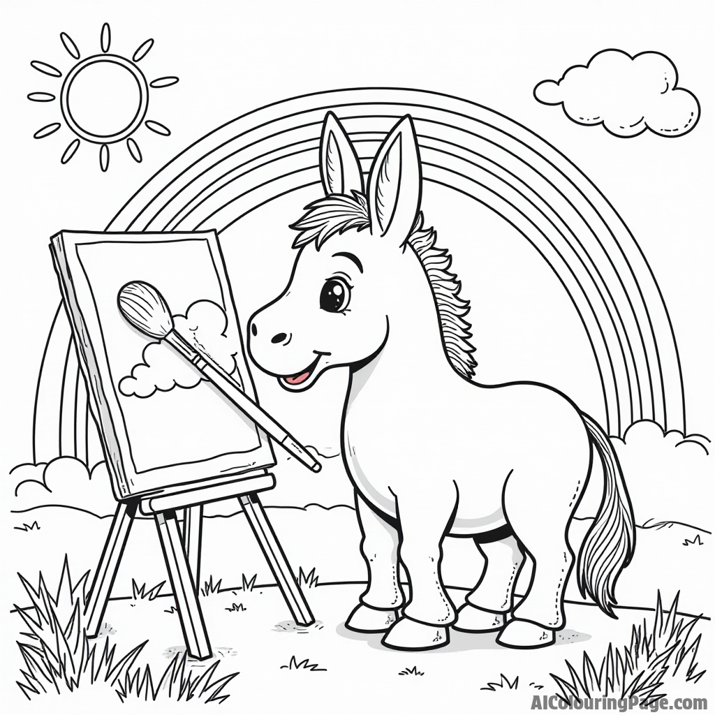 A donkey painting a colorful rainbow in the sky with a big brush, surrounded by fluffy clouds and sunshine