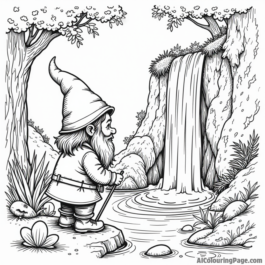 A gnome discovering a hidden waterfall with magical creatures playing in the water, creating a serene atmosphere around.