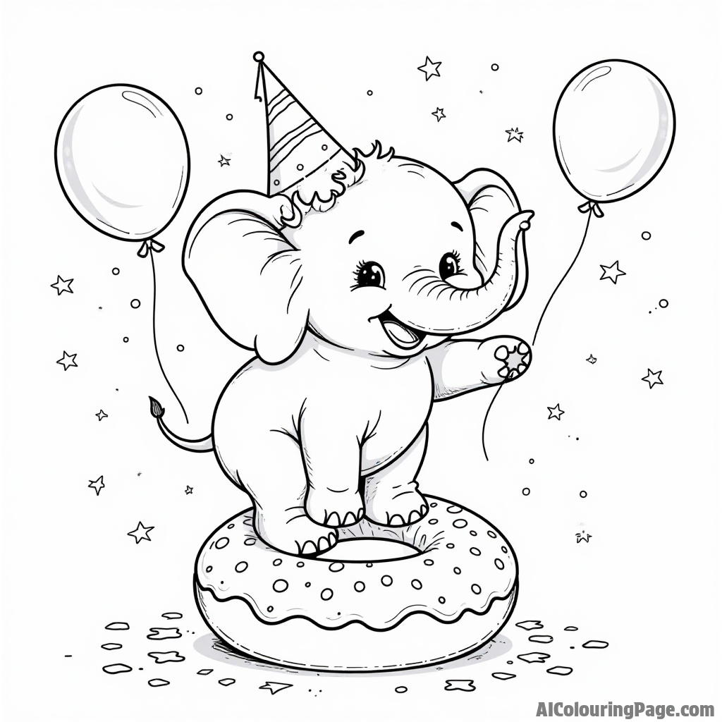 A cute elephant balancing on a donut, surrounded by balloons and confetti, celebrating a birthday party with friends.